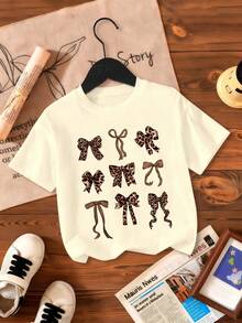 女童休闲蝴蝶印花短袖T恤，夏季 - 杏色 - 查看 2