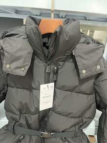 Women's Ski Series Stand Neck Hooded With Belt Warm Down Cotton Jacket - 黑色 - 查看 4