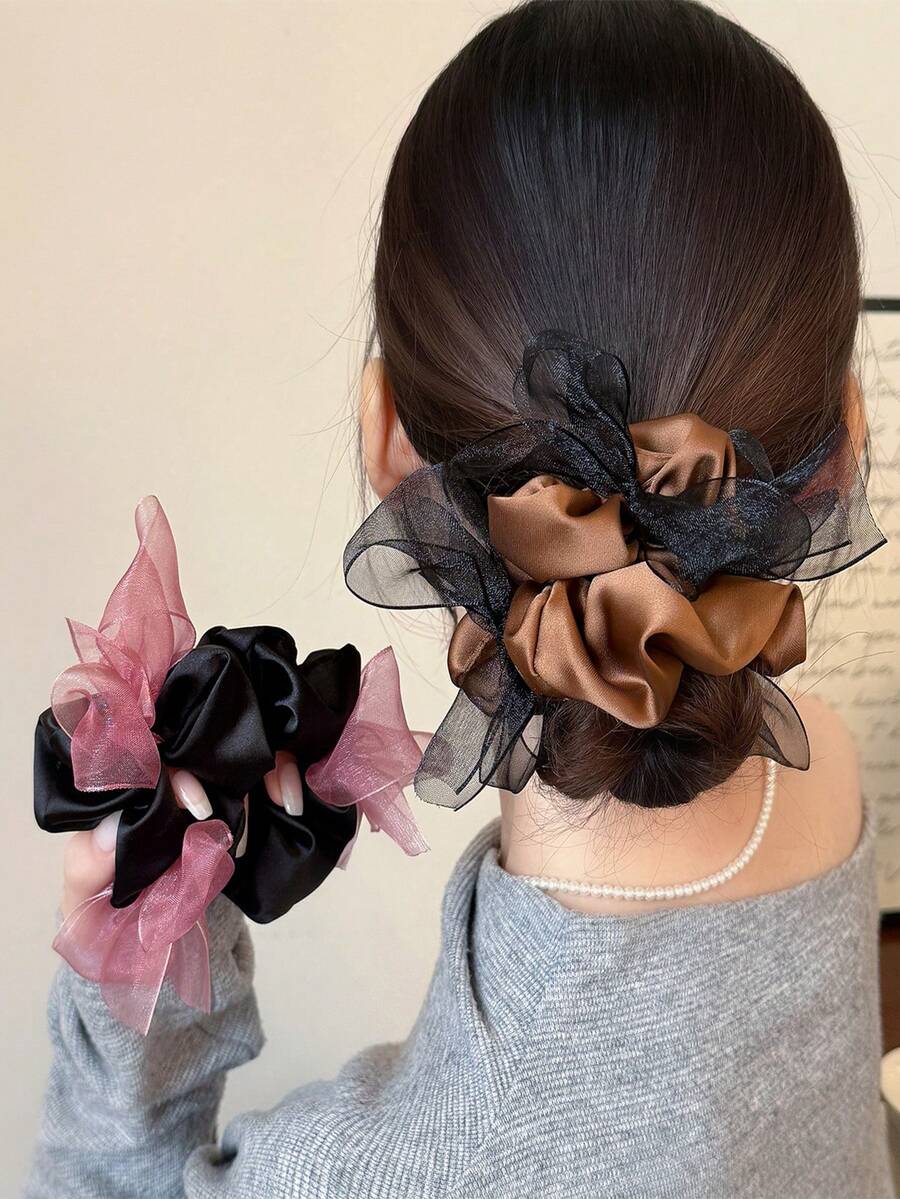 1pc Korean Elegant Scrunchie, High-Quality Organza Bowknot Satin Hair Tie - Multicolor - View 1
