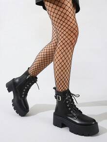 Giày bốt cổ ngắn đế dày màu đen phong cách Punk dành cho nữ, thiết kế khóa cài thời trang, thích hợp mặc hàng ngày, đi xe máy trong mọi mùa - màu đen - Xem 5