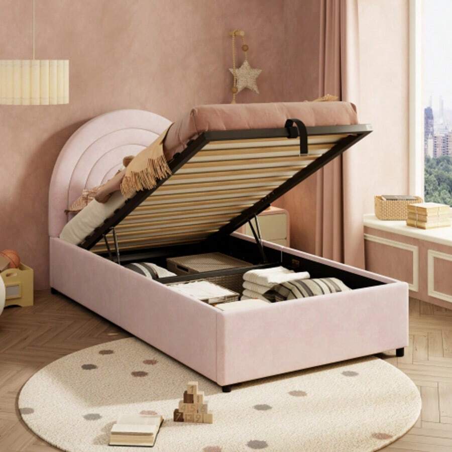 Upholstered Bed 90*200, Children's Bed, Single Bed With Slatted Frame And Headboard, Youth Bed, Suitable For Adults And Teenagers, Wooden Slats, Easy Assembly, Velvet, Pink - Pink - View 1