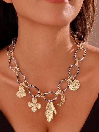 1 Piece Two Tone Chain Link Necklace, Palm Sun Eye Flower Sacred Heart Moon Coin Badge Pendant Necklace, Men's And Women's Fashion Hip Hop Retro Neck Chain, Bohemian Style Fake Collarbone Chain, Suitable For Party/Vacation/Nightclub Wear, Ramadan/Valentine's Day/Christmas Gift