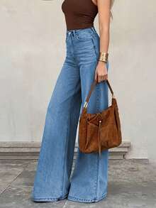 Women's Casual Loose Straight Leg Jeans, Button And Zipper Detail Design, Mid-Rise Medium Stretch Fabric