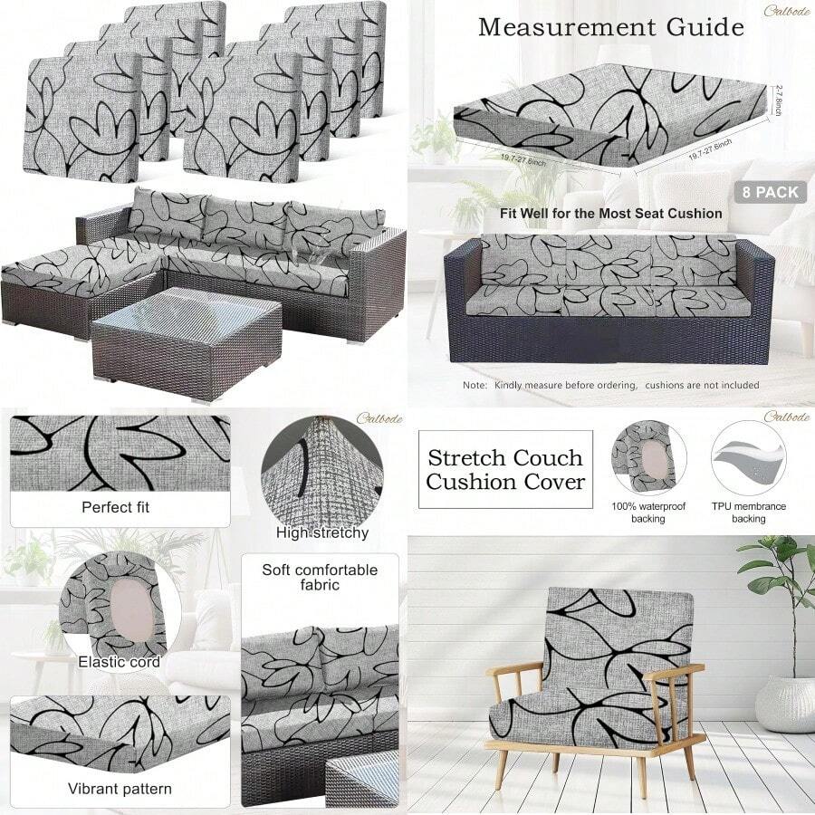 8PCS Waterproof Patio Sofa Covers With Elastic Floral Printed Stretch Outdoor Cushion Seat Covers Set Of 8 Wicker Chair Washable Replacement GreyCushions Not Included - B10XámHoa - Xem 1