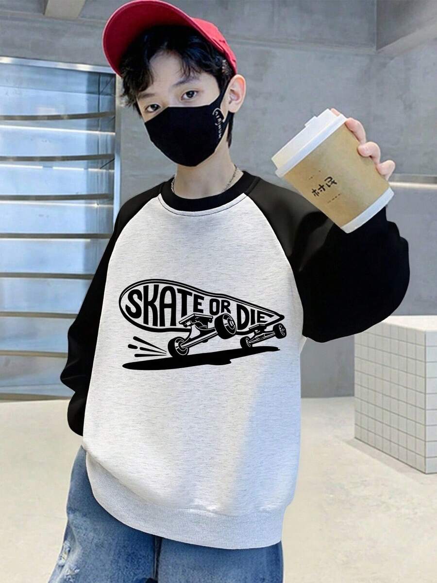 Tween Boy 圆领滑板字母印花黑灰撞色肩部长袖卡通印花T恤秋冬新款男童