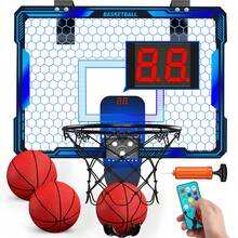 Mini Basketball Hoop With LED Lighting, Electronic Scoreboard, 3 Modes, Over Door Mount, Gift For Kids & Adults - Blue + Remote Control - View 2
