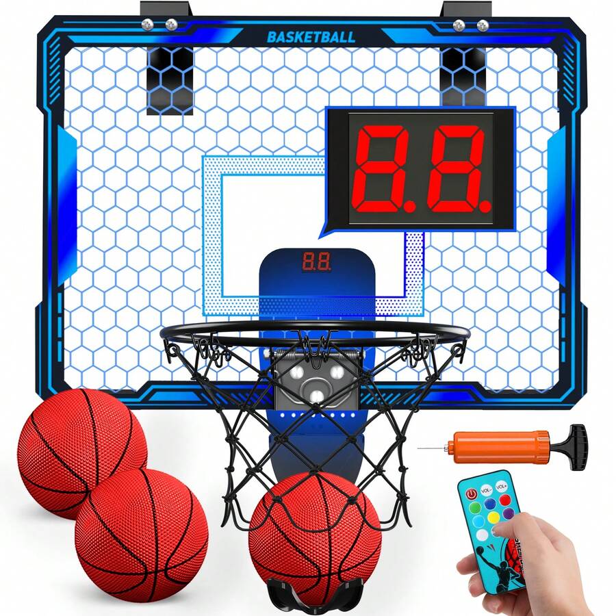Mini Basketball Hoop With LED Lighting, Electronic Scoreboard, 3 Modes, Over Door Mount, Gift For Kids & Adults
