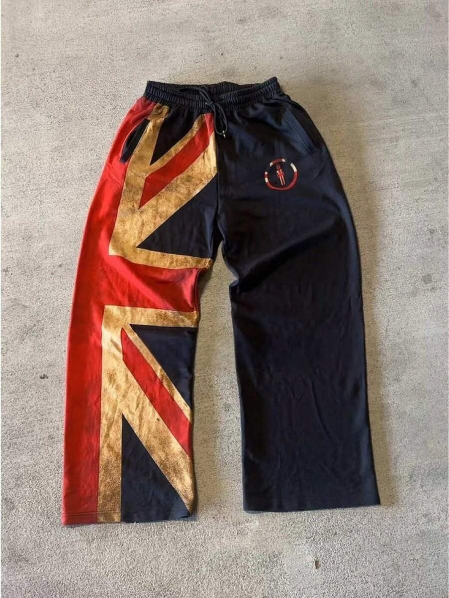 Y2K Black & Red Oversized Union Jack Graphic Wide Leg Sweatpants - Color Block Streetwear - 1 - 查看 1