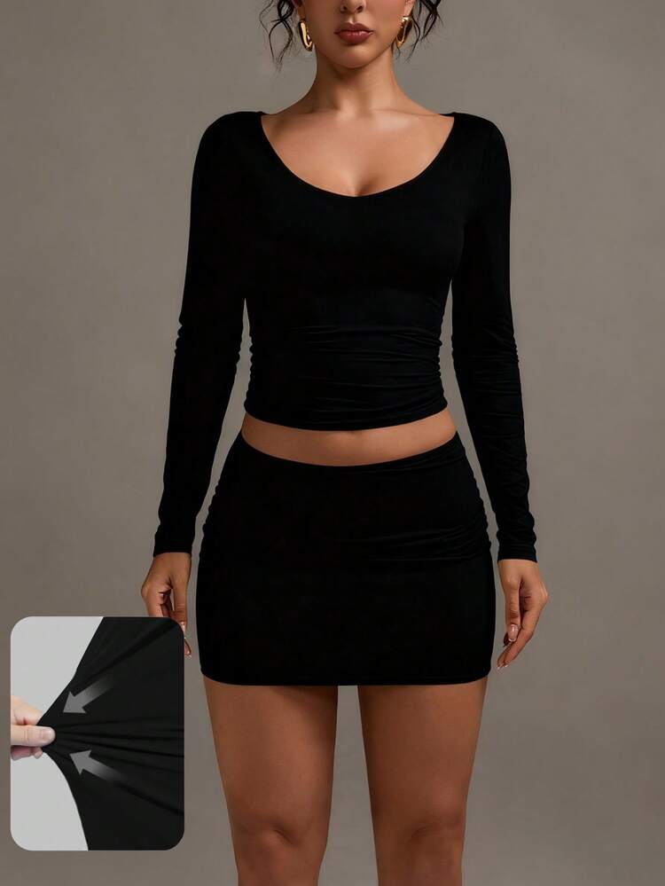 Women's Solid Color Pleated Bodycon Skirt Black Spring - Black - View 7