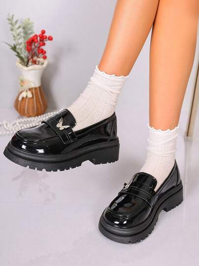 时尚圆头平底鞋，适合女孩、青少年学生，黑色平底皮鞋，优雅舒适，适合派对和日常穿着。