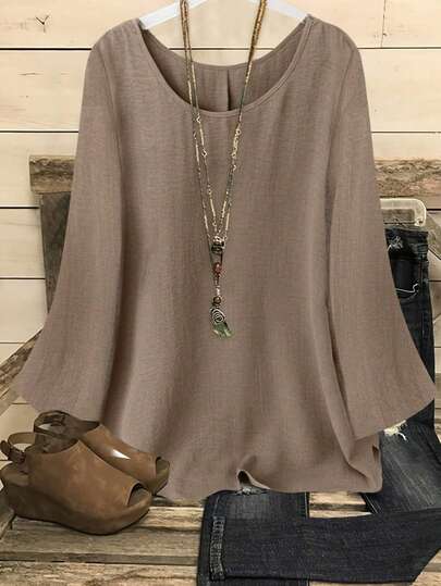 Women's Casual Western Style Solid Color Round Neck Long Sleeve Flared Cuff Shirt