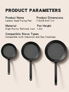 1个预先养护的碳钢煎锅，适用于电磁炉、燃气灶和烤架 - 11/9.4/7.9英寸，精密铸铁煎锅，牛排煎锅，经久耐用，加热均匀，适合室内外使用 - 不含PFAS、PFOA和PFOS - 黑色 - 查看 4