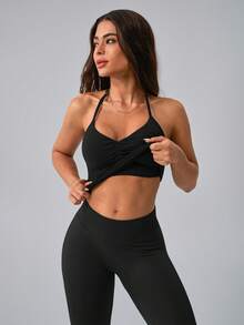 NcmRyu 1 套女士休闲露背吊带背心和紧身裤运动套装，简约百搭 - 黑色 - 查看 10