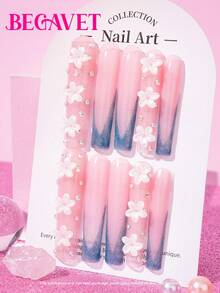 BEGAVET 10pcs Handmade Salon Quality Nail Art Press On Nails Pink French Tips Long Square Exclusive Design 3D Nails With 3D Charms, Suitable For Parties/Music Festival And Daily Wear - Multicolor - View 3