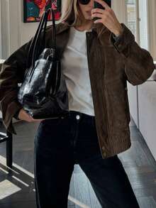 女士外套，时尚翻领长袖宽松外套，复古女士外套，时尚上衣，常规仿麂皮长袖拉链宽松休闲外套，春季 - 棕色 - 查看 3