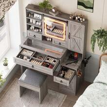 MERAX Farmhouse Vanity Desk With Sliding Mirror And Lights, Vanity Set With Glass Top And Charging Station ,Dressing Table With 4 Drawers And 2 Cabinets, Dressing Table With Stool For Bedroom, Gray - 灰色的 - 查看 2