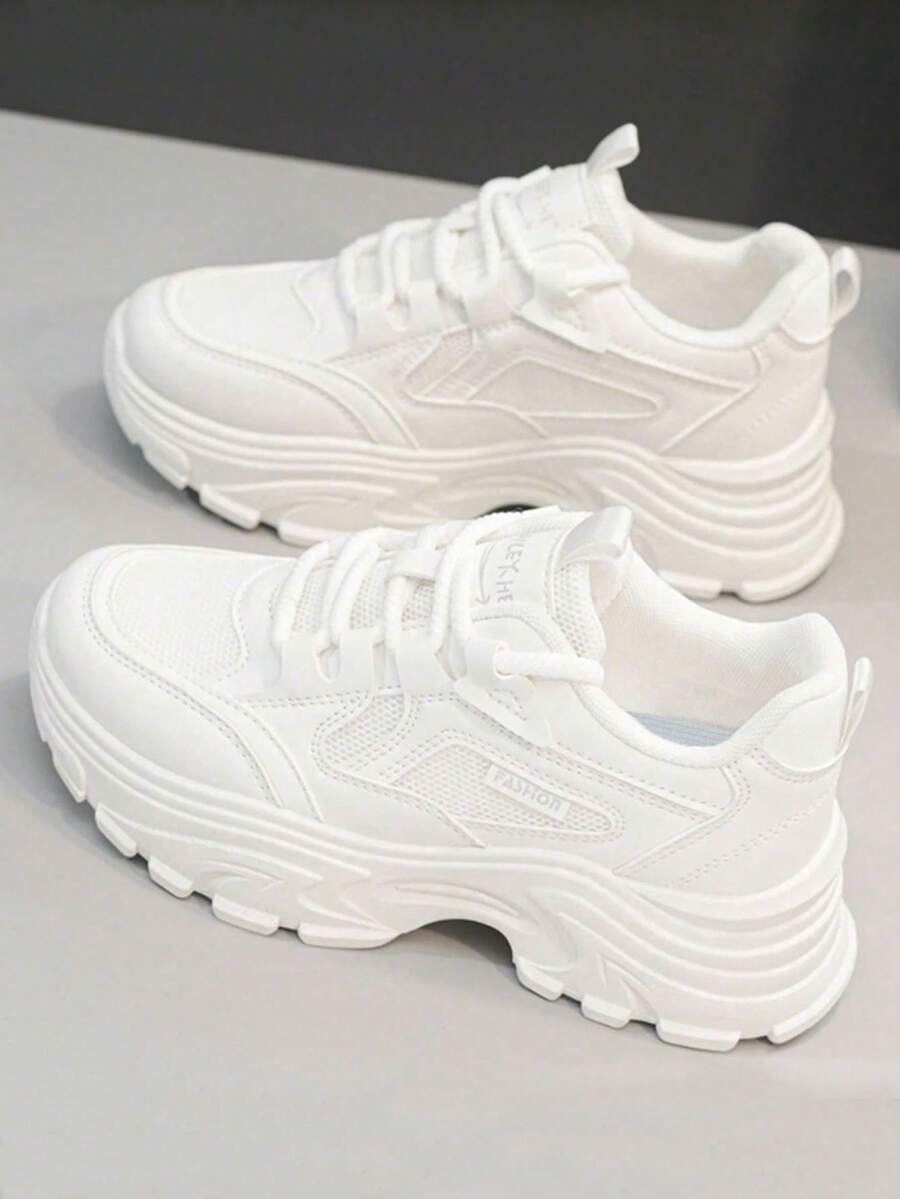 Tenis casuales de suela gruesa para mujer, blancos, transpirables, ligeros, cómodos, tenis chunky minimalistas - Blanco - Ver 1