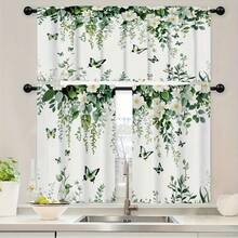 2 Panel 28"X40"/1 Panel 18"X60" Kitchen Curtain Sets,Retro Green Leaves, White Flowers, Butterfly Pattern Print Curtain Set, Rod Pocket Valance Curtain Tier, Window For Kitchen Cafe Living, Home Decor - phong cách-1 - Xem 1