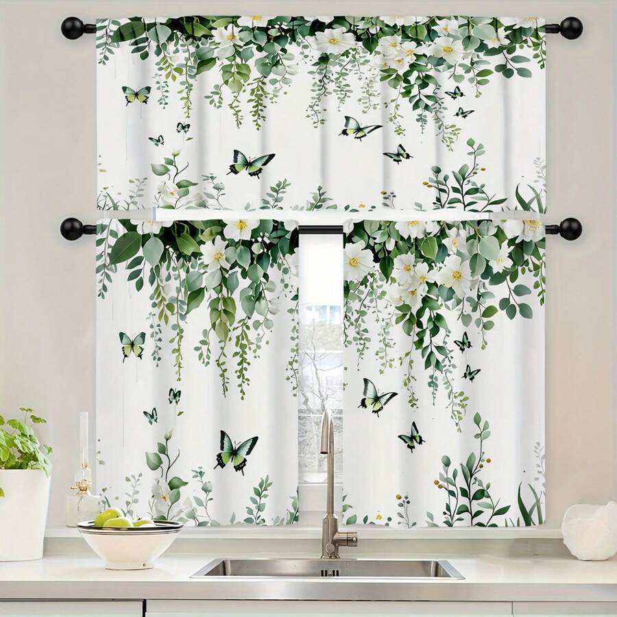 2 Panel 28"X40"/1 Panel 18"X60" Kitchen Curtain Sets,Retro Green Leaves, White Flowers, Butterfly Pattern Print Curtain Set, Rod Pocket Valance Curtain Tier, Window For Kitchen Cafe Living, Home Decor - phong cách-1 - Xem 1