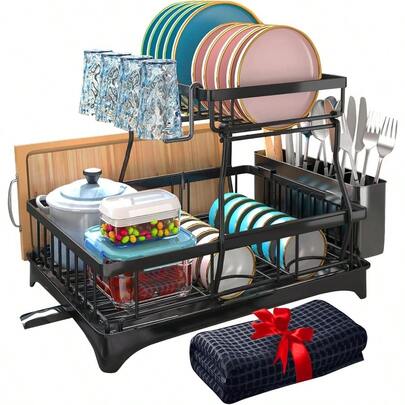 Godboat 2Tier Dish Drainer With AutoDrain And Mat Dish Drying Rack For Kitchen Counter Utensil Holder For Knives With Extra Drying Mat Forks And Cups Kitchen Storage And Organisation Solution