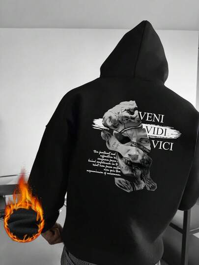 Men's Oversized Figure Graphic Thermal Lined Hoodie Sweatshirt, Street Style For Autumn/Winter, Long Sleeve Top