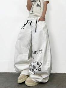 1pc Men's Japanese Street Fashion Printed Curved Knife Loose Comfortable Casual Wide Leg Jeans Pants, Versatile For All Seasons (No Belt Or Accessories) - White - View 7