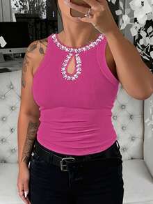 ChicMe Plus Size Women's Rhinestone Hollow Round Neck Sleeveless Tank Top, Ribbed Knit, Casual Comfortable Basic, Suitable For Daily Wear And Dates - Hot Pink - View 3