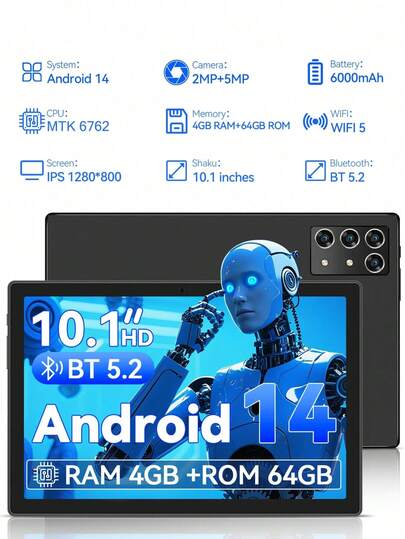 Qetupa Tableta PC Android 14 de 10.1", 4GB RAM + 64GB ROM, Procesador Quad-Core MTK 6762 de 1.3GHz, Pantalla táctil IPS HD (1280x800), Cámara frontal de 5MP y cámara trasera de 8MP, Batería de 6000mAh, Compatible con WiFi 5 802.11ac 2.4G+5G, Bluetooth 5.2, GPS, para lectura y juegos. Ligera y portátil para entretenimiento en cualquier momento y lugar.