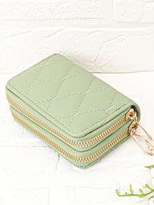 Kids/Girls' PU Stitched Plaid Multi-Layer Card Holder Wallet, Cute Cartoon Large Capacity ID Card Case, Compact & Lightweight - Green - View 1