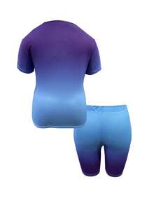 Plus Size Fashionable Women's Letter Butterfly Print Casual Shorts And Short-Sleeve Top Two-Piece Set; Digital Print Casual Suit Pants With Pockets - Màu xanh lam - Xem 3