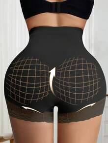 Bragas moldeadoras de mujer con cierre delantero de alta elasticidad, control de abdomen, levantamiento de glúteos, adelgazamiento de cintura, con detalles de encaje de unicolor - Negro - Ver 4