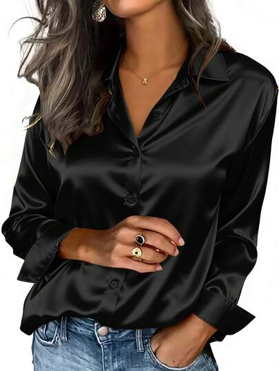 Damska koszula satynowa, biznesowa, swobodna bluzka zapinana na guziki z wyciętymi klapami, elegancka bluzka do biura i na co dzień na jesień, zimę i wiosnę
