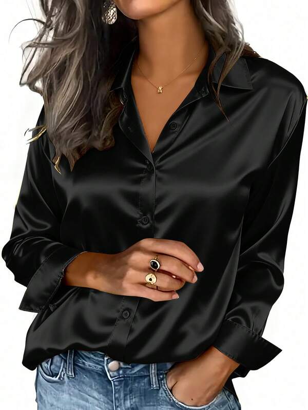Damska koszula satynowa, biznesowa, swobodna bluzka zapinana na guziki z wyciętymi klapami, elegancka bluzka do biura i na co dzień na jesień, zimę i wiosnę