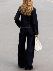 2pcs/Set Women's Casual Dark Washed Denim Top And Bottom Set, Fashionable European Style - Dark Wash - View 2