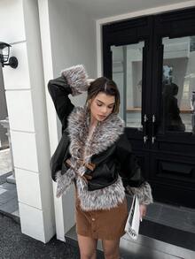 Women Cool Black Contrast Faux Fur Trim PU Leather Jacket Double Buckle Strap Coat Warm Winter Moto Aviator Style Sexy Christmas New Year Party Outerwear - Black - View 2
