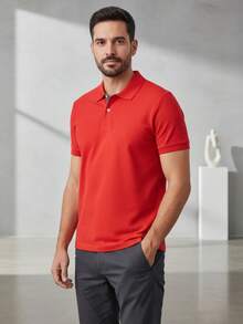Ogochi Men's Basic Plain Polo Shirt With Logo, No Pocket, Original - Red - View 7
