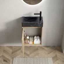 VITO 40cm Wall-Mounted Bathroom Sink With Undermount Sink In Black Marble With Stone Pattern, Solid Wood Cabinets With Stripes, One Door, Pre-Assembled, White Oak Grain Color - 1 - View 5