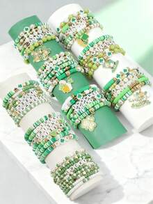 22/23/34Pcs St. Patrick's Day Shamrock Bracelet Set - Stackable Green Lucky Beaded Wristbands With Golden Accents, Festive Irish Festival Jewelry, Ideal Daily Wear & Gift - Multicolor - View 9