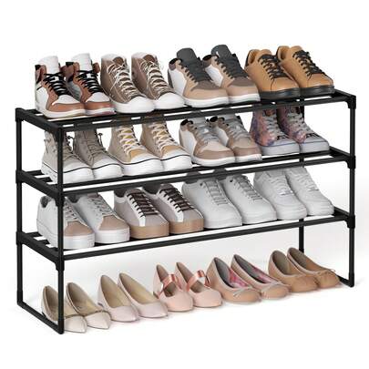  SONGMICS Étagère à chaussures, Organisateur de chaussures à 3 niveaux, Étagère de rangement robuste, Debout ou à l'envers, Pour 16-20 paires, Empilable, Pour l'entrée, 30 x 92 x 55 cm, Noir