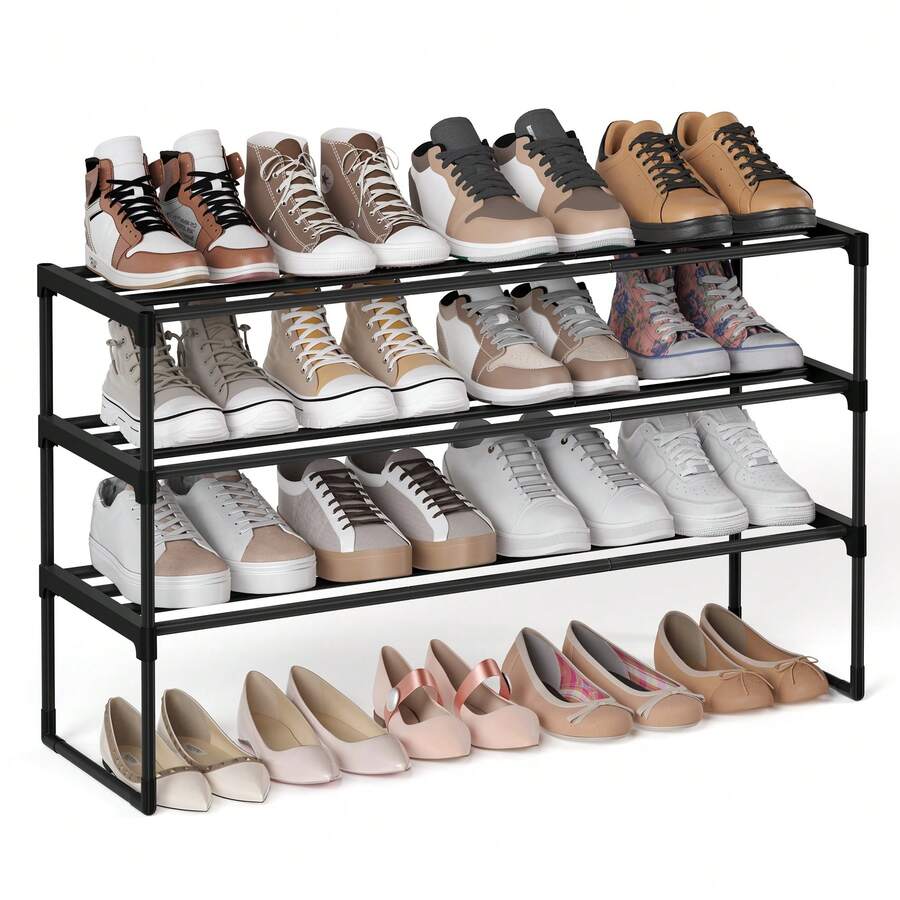 SONGMICS Shoe Rack, 3-Tier Shoe Organizer, Sturdy Storage Shelf, Upright Or Upside Down, For 16-20 Pairs, Stackable, For Entryway, 30 X 92 X 55 Cm, Black - 黑色 - 查看 1