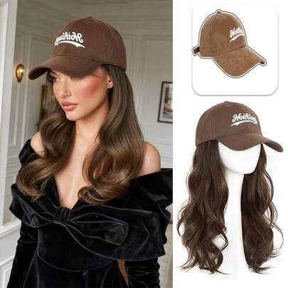 Khaki Baseball Cap Wig Set, Fashionable 4-In-1 Wavy Full Head Wig Cap, Versatile For Women