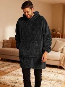 Chăn trùm đầu có thể mặc, chăn lông cừu Sherpa cỡ lớn có túi trùm đầu và tay áo lớn, phù hợp cho người lớn, chăn màu xám ấm áp và thoải mái làm quà tặng cho phụ nữ - màu đen - Xem 5