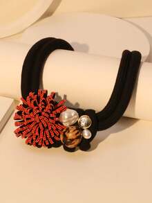 Colar Vintage com Pingente Floral Vermelho de Pérolas Falsas com Strass, Acessório de Declaração de Design de Nicho Exagerado Estilo Europeu e Americano