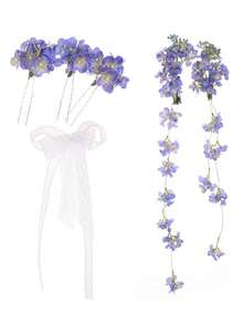 1 Set Floral Headpiece, Bohemian Bride Robe Styling Hair Accessories, Blue Flower Tassel Hair Clip & Hairpin Set Valentine's Day Accessories - Multicolor - View 8