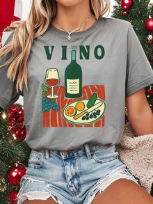 camisetas estampadas mujer, camisetas casuales para mujer, Camiseta Vintage de Mujer con Estampado de Vino y Uvas - Top Casual de Verano de Manga Corta y Cuello Redondo con Diseño de Vino y Uvas, Tejido Ligero y Transpirable, Perfecta para Ropa Casual, vintage, blusas para mujerEs un gran regalo para la familia, los amigos, los novios y las novias - Gris - Ver 1
