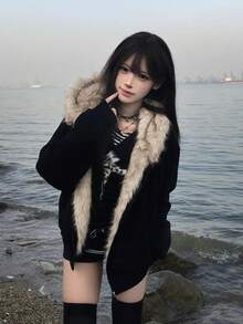 女士加厚羽绒服，小码，加厚绗缝外套，冬季派克大衣 - 黑色 - 查看 3