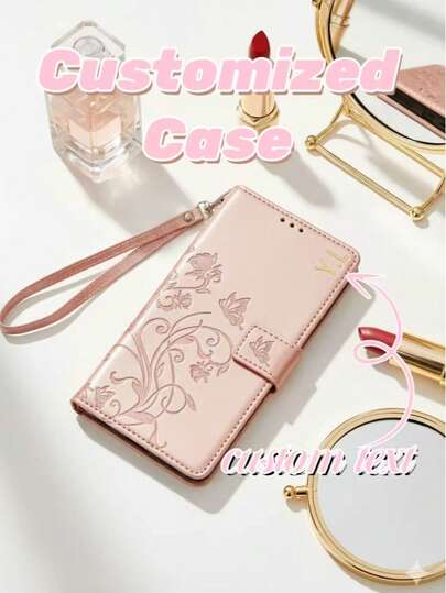 1pc Customizable Wallet-Style Phone Case Features An Embossed Floral And Butterfly Design, An Included Wrist Strap, A Built-In Card Slot, And Can Be Customized With A Creative Gold-Stamped Name. It's The Perfect Gift For Birthdays And Christmas. Compatible With IPhone 17 Pro Max/16/15/14/13/12/11 Pro Max. Utilizing 3D DIY Engraving And Gold-Stamping Techniques