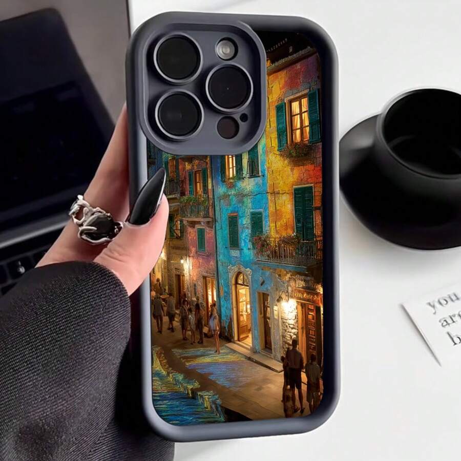 Cubierta de teléfono con diseño de calle europea colorida en tonos azules y amarillos para iPhone 14 Pro Max negro estilo urbano elegante para uso diario - Café integral - Ver 1