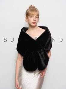 1 Khăn choàng lông nhân tạo thời trang ấm áp bằng polyester màu trơn dành cho nữ, thích hợp cho tiệc tối cô dâu và sử dụng hàng ngày - Mực đen - Xem 4