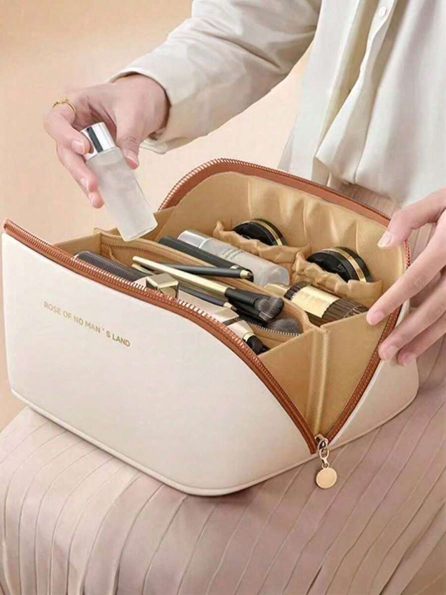 防水PU皮革化妆包，化妆品收纳包，便携式洗漱包，夏季旅行化妆包，多功能化妆包，大容量双层带隔层化妆包，宽敞的洗漱包，便捷旅行手提包，可收纳护肤品、化妆品、化妆刷、粉饼、口红等，适合海滩、学校、浴室、节日、情人节、圣诞节、母亲节等场合，送给妈妈、家人、朋友的理想之选，夏季必备，旅行必备。 - 彩色 - 查看 1